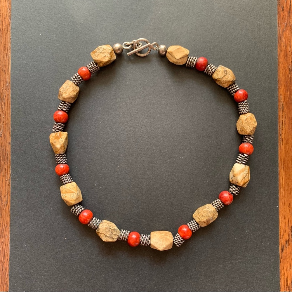 Picture Jasper & Red Wood Beaded Gemstone Necklace | 18 IN